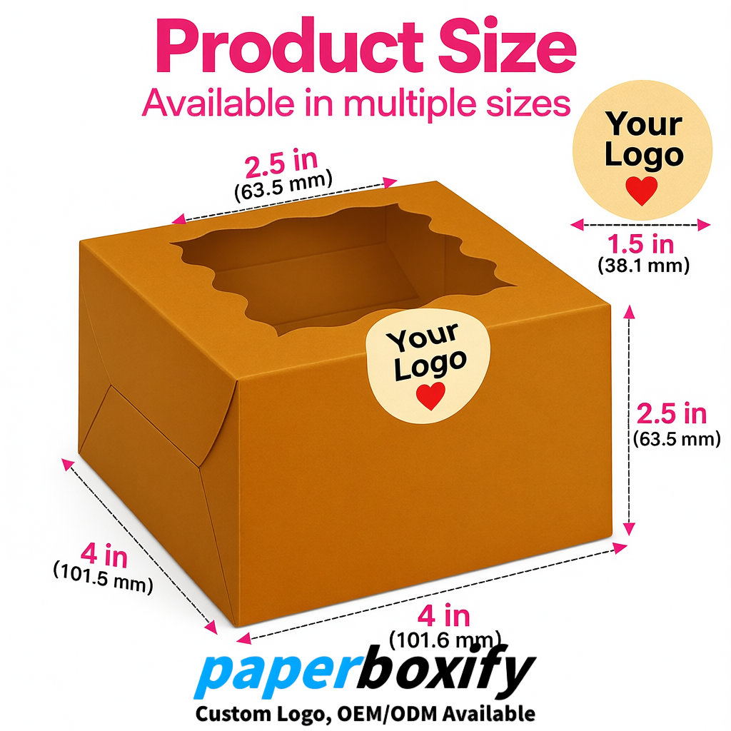 Amber Paper Cookie Boxes with Window and Stickers 4x4x2.5 inch