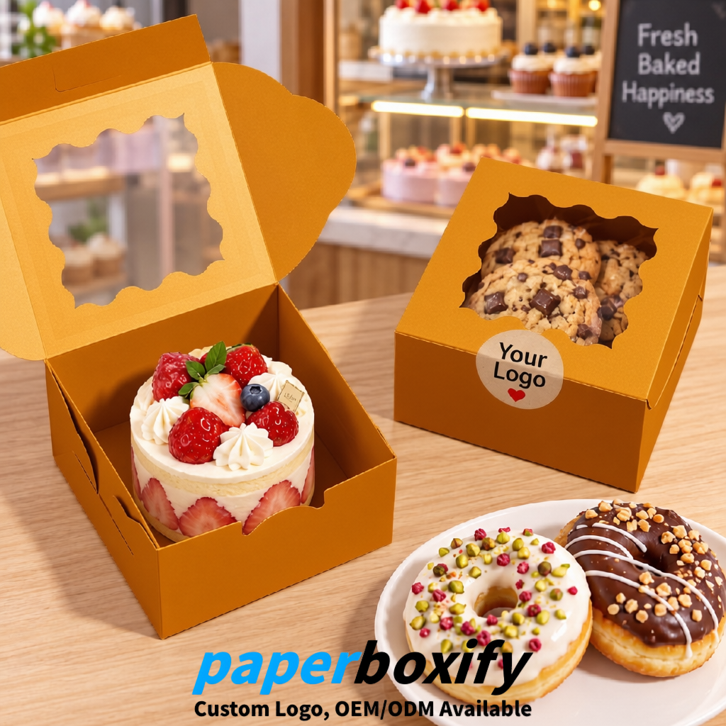 Amber Paper Cookie Boxes with Window and Stickers 4x4x2.5 inch