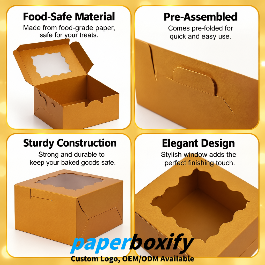 Amber Paper Cookie Boxes with Window and Stickers 4x4x2.5 inch