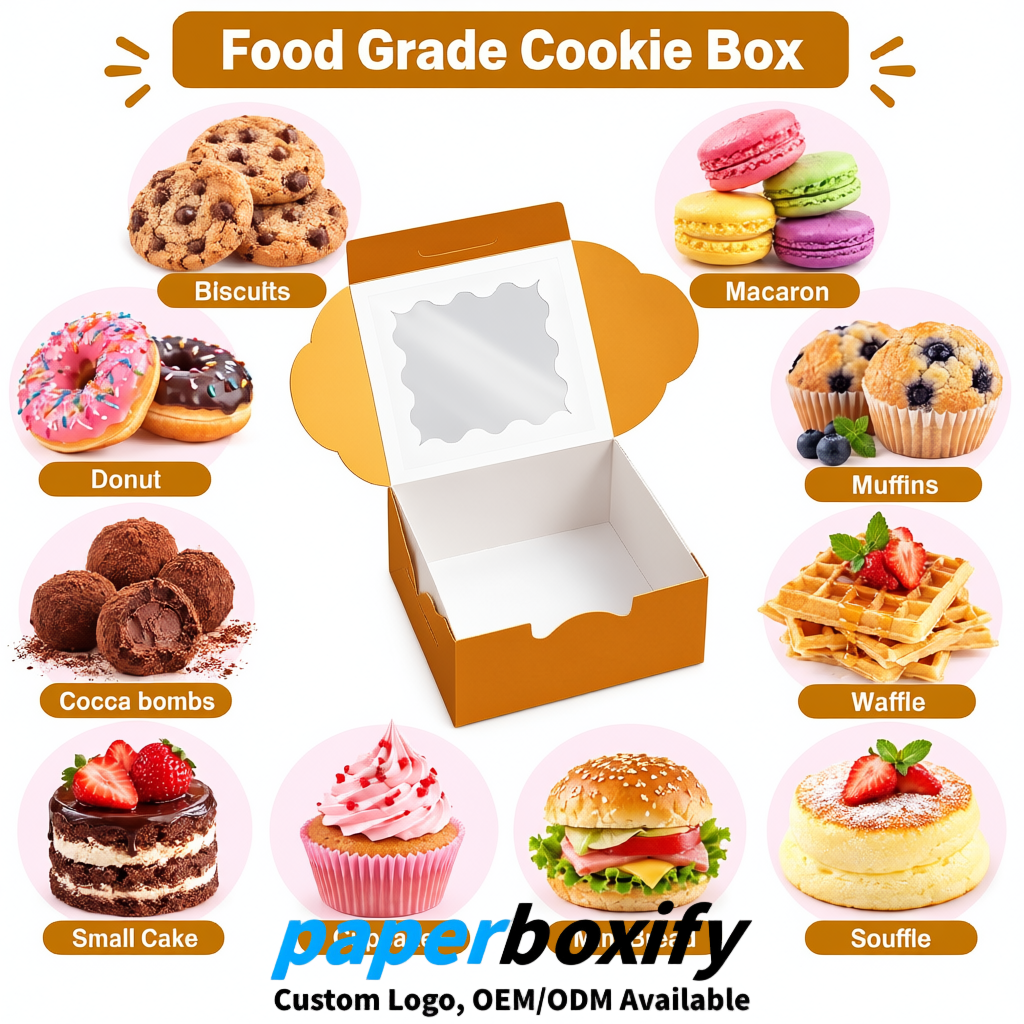 Amber Paper Cookie Boxes with Window and Stickers 4x4x2.5 inch