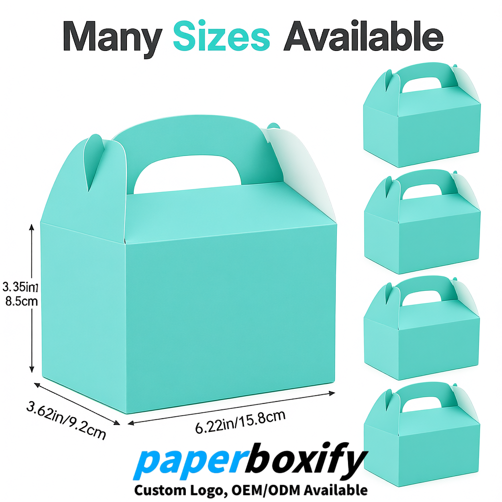 Aquamarine Gable Boxes with Handles 6.22x3.35x3.62 inch Kraft Paper Party Favors Boxes in Bulk