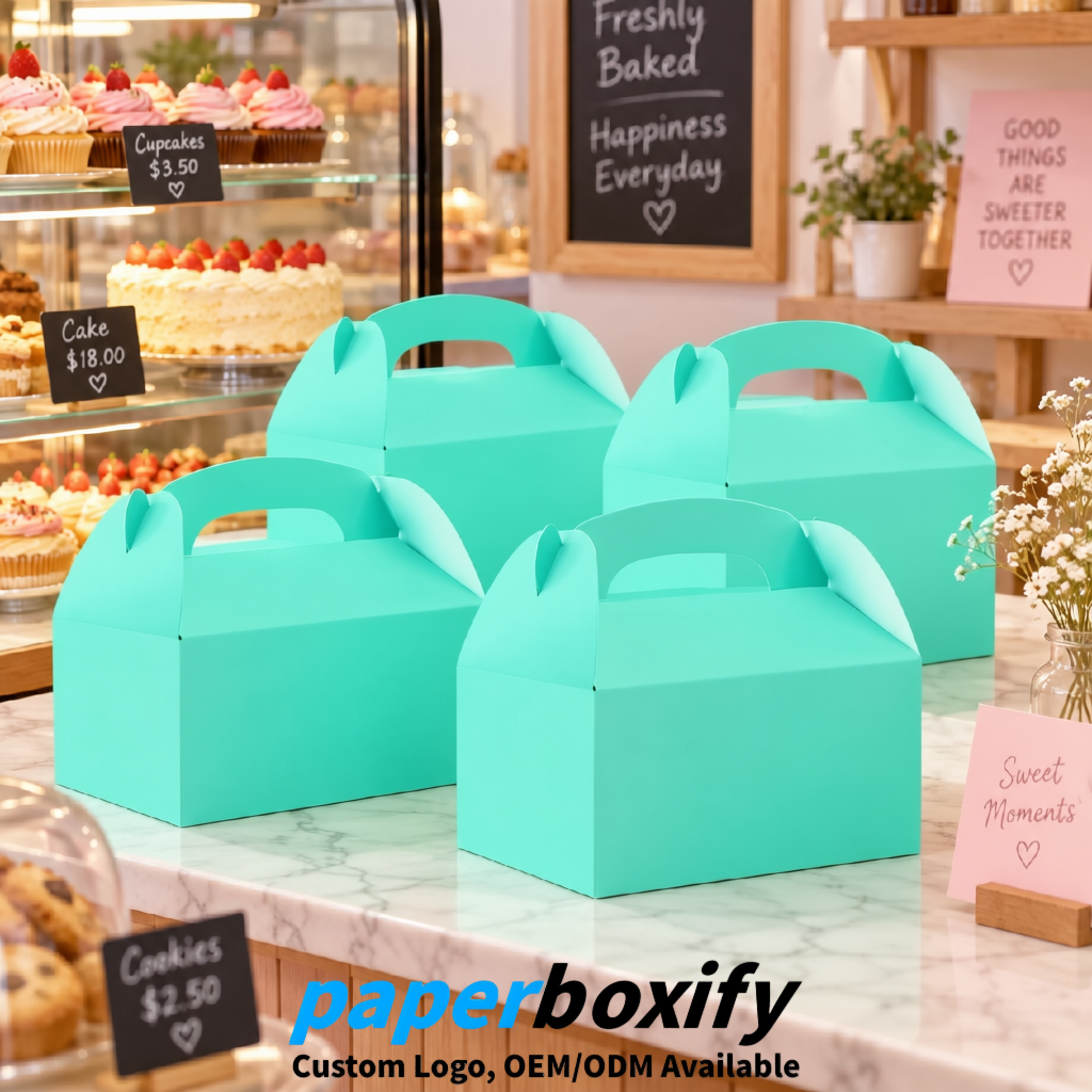 Aquamarine Gable Boxes with Handles 6.22x3.35x3.62 inch Kraft Paper Party Favors Boxes in Bulk