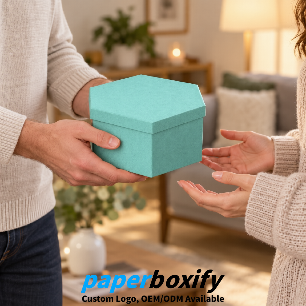 Aquamarine Paper Hexagon Box with Lid - Biodegrade Paper Mache Gift Boxes Manufacturer