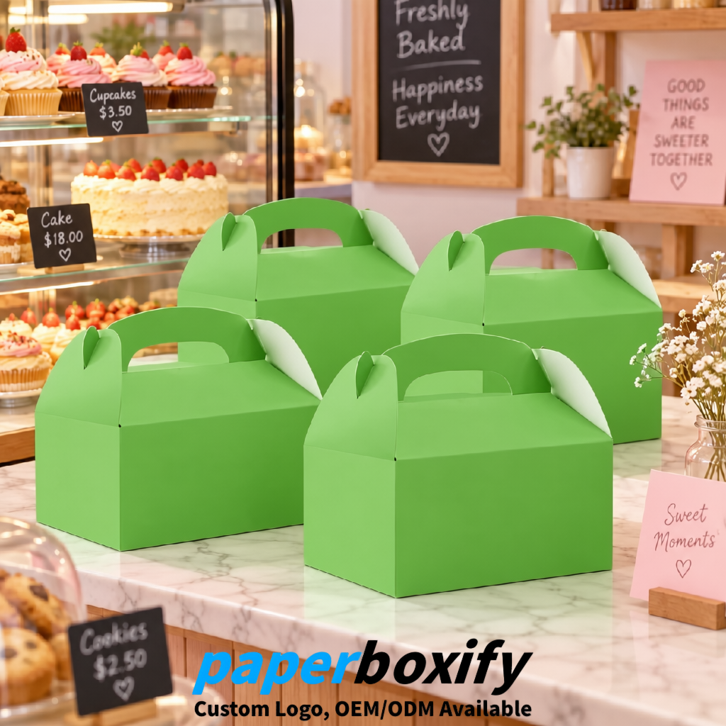 Avocado Green Gable Boxes with Handles 6.22x3.35x3.62 inch Kraft Paper Party Favors Boxes in Bulk