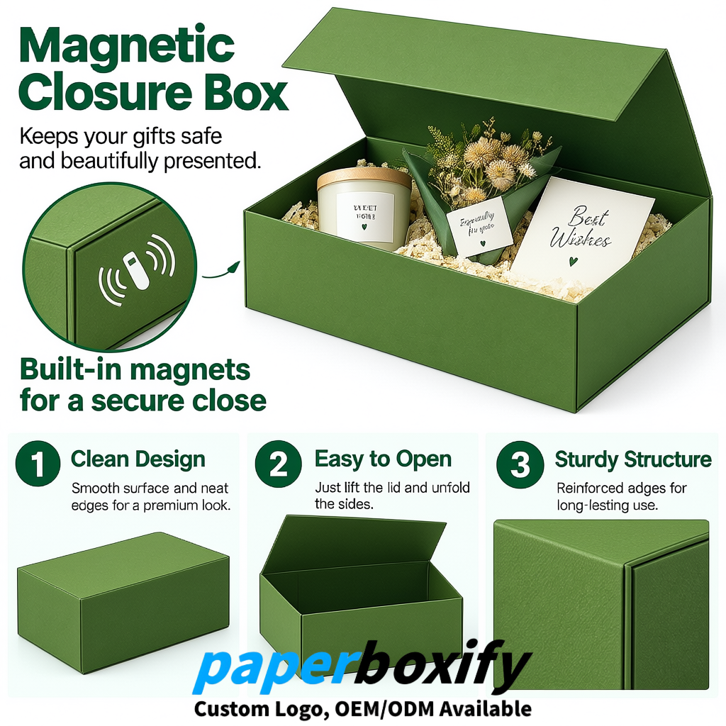 Avocado Green Magnetic Closure Gift Box with Ribbon 13.8x9x4.3 inch Luxury Large Storage Box