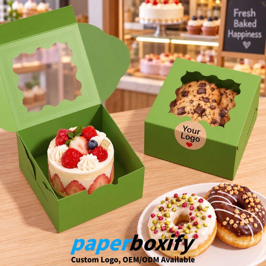 Avocado Green Paper Cookie Boxes with Window and Stickers 4x4x2.5 inch