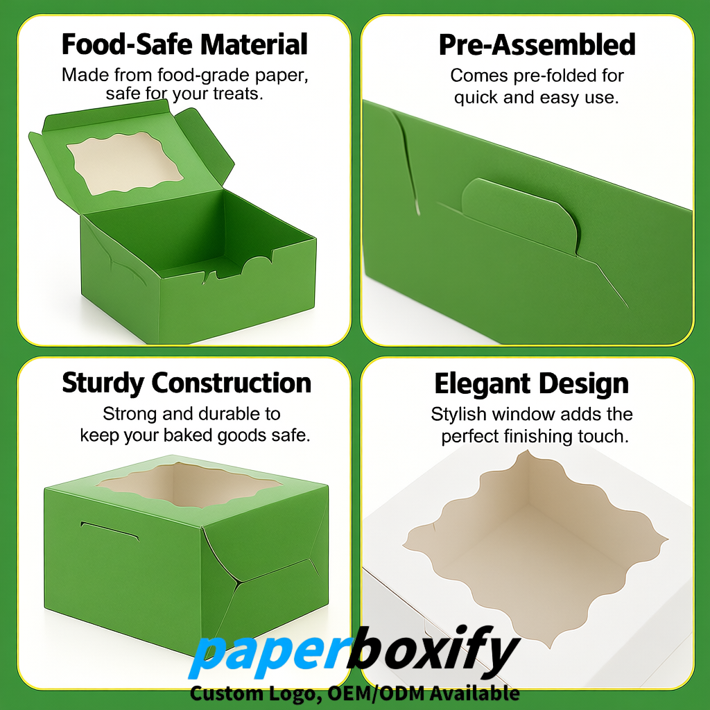 Avocado Green Paper Cookie Boxes with Window and Stickers 4x4x2.5 inch