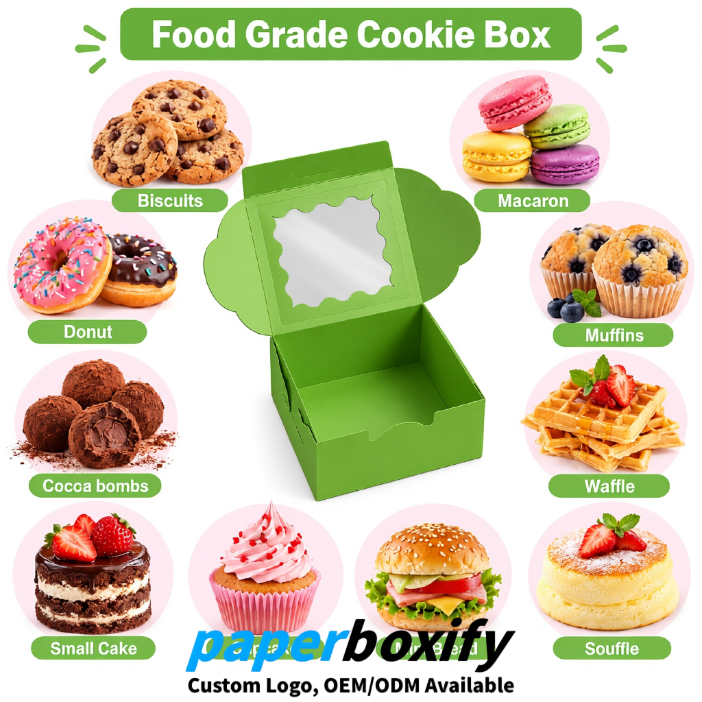 Avocado Green Paper Cookie Boxes with Window and Stickers 4x4x2.5 inch