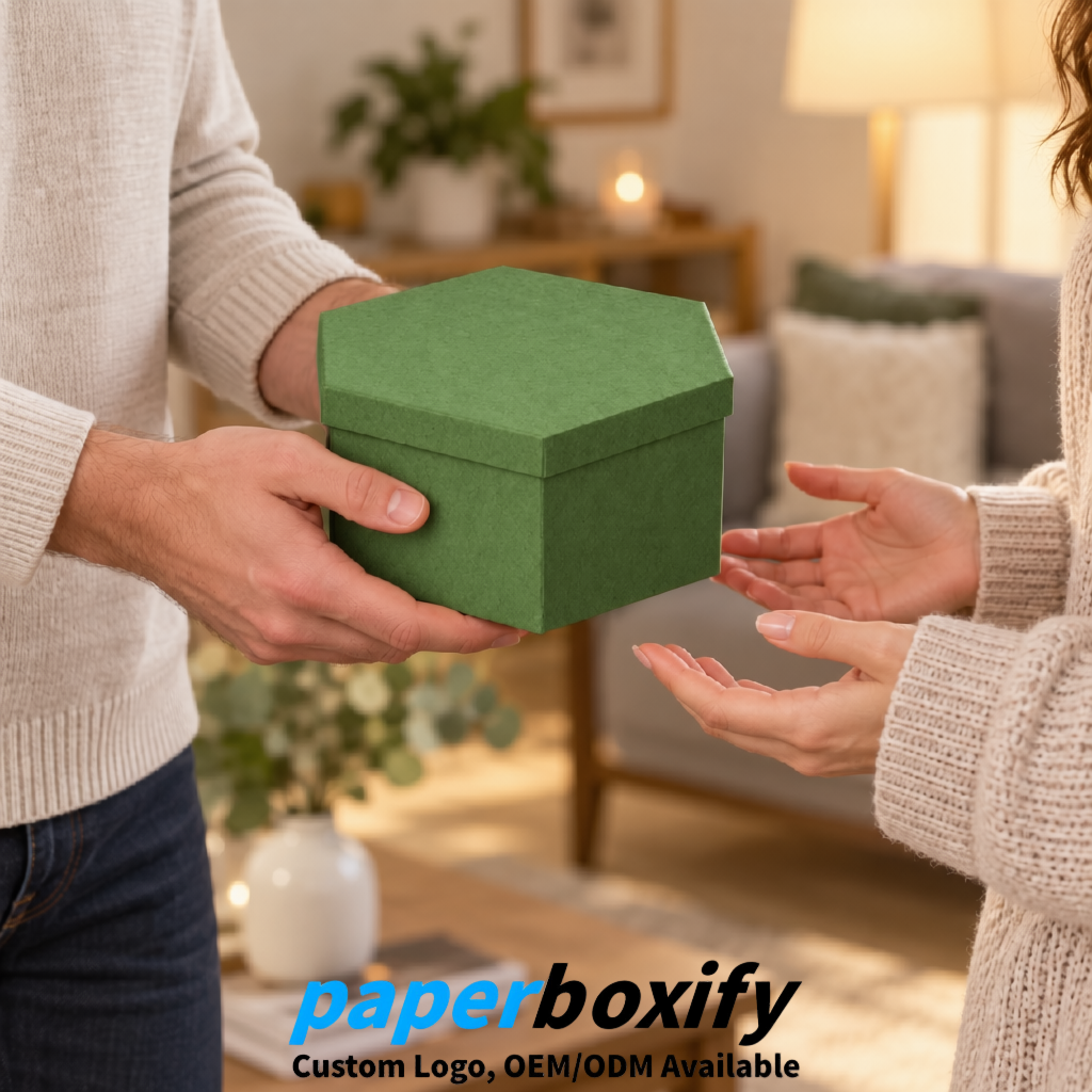 Avocado Green Paper Hexagon Box with Lid - Biodegrade Paper Mache Gift Boxes Manufacturer