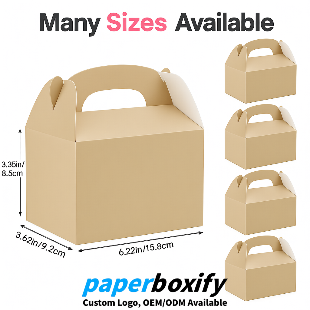 Beige Gable Boxes with Handles 6.22x3.35x3.62 inch Kraft Paper Party Favors Boxes in Bulk