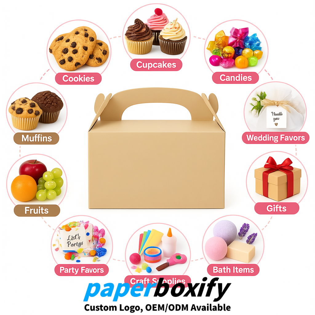 Beige Gable Boxes with Handles 6.22x3.35x3.62 inch Kraft Paper Party Favors Boxes in Bulk