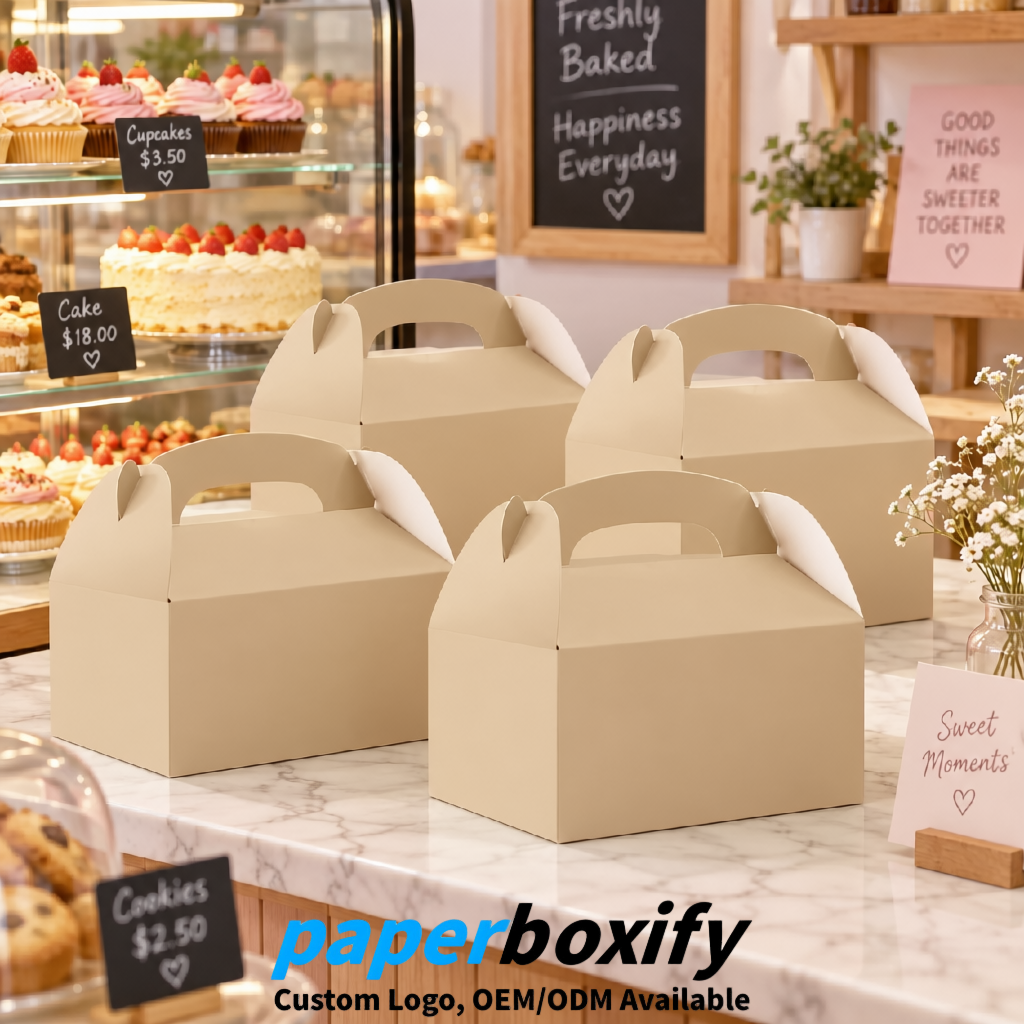 Beige Gable Boxes with Handles 6.22x3.35x3.62 inch Kraft Paper Party Favors Boxes in Bulk