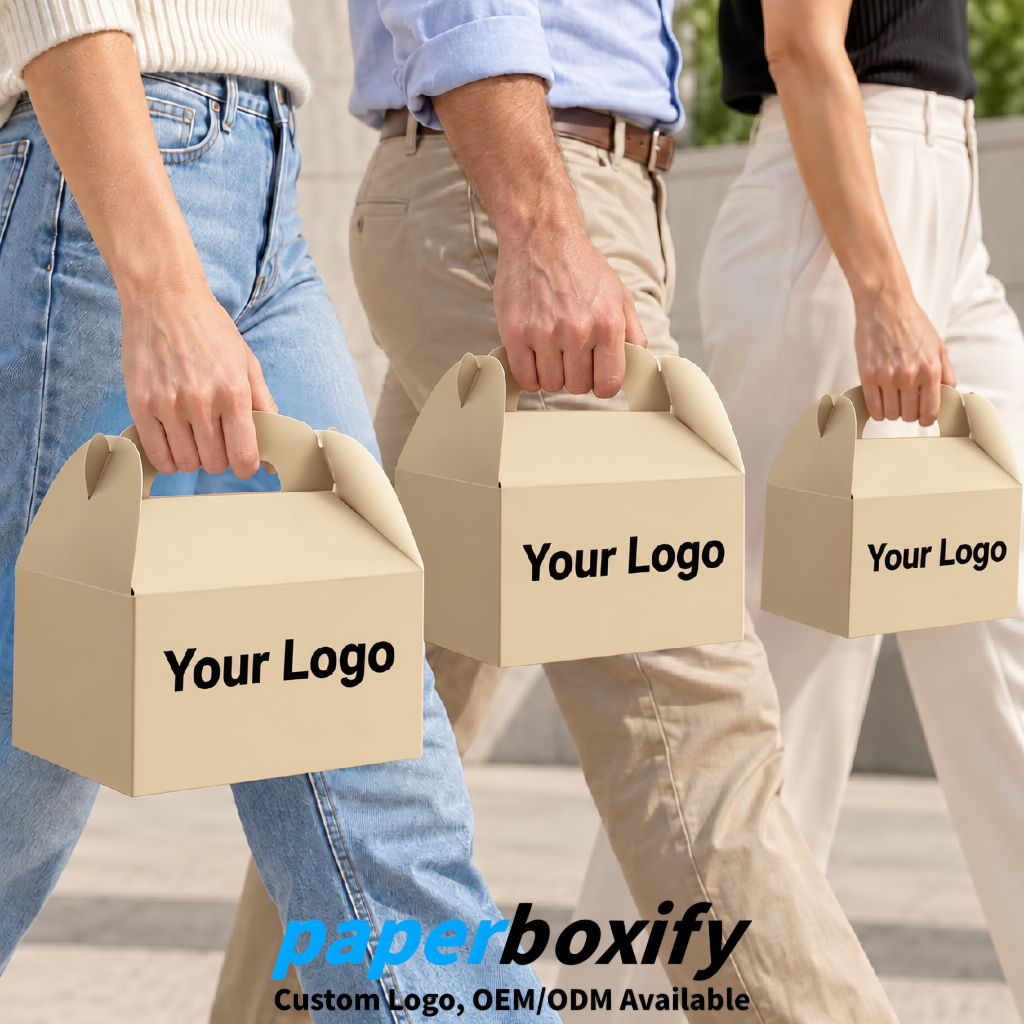 Beige Gable Boxes with Handles 6.22x3.35x3.62 inch Kraft Paper Party Favors Boxes in Bulk