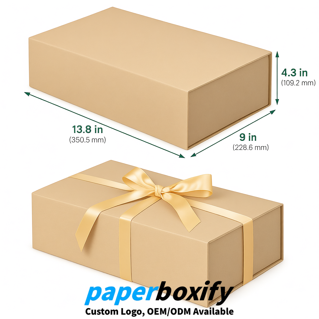 Beige Magnetic Closure Gift Box with Ribbon 13.8x9x4.3 inch Luxury Large Storage Box