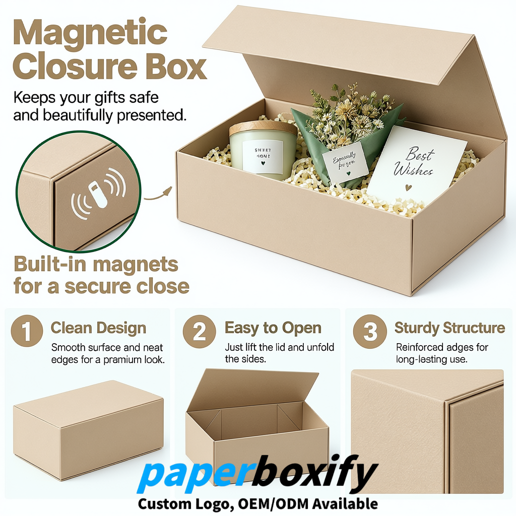 Beige Magnetic Closure Gift Box​ with Ribbon 13.8x9x4.3 inch Luxury Large Storage Box