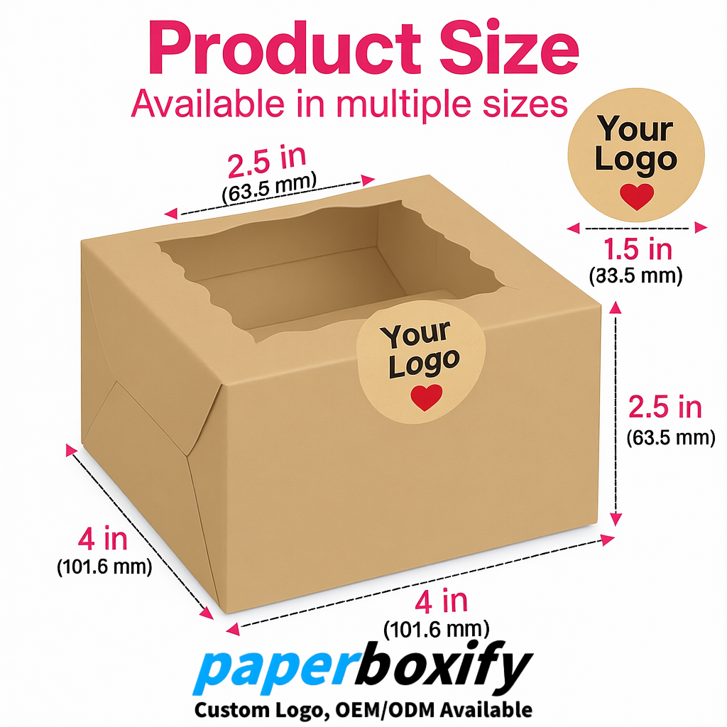 Beige Paper Cookie Boxes with Window and Stickers 4x4x2.5 inch