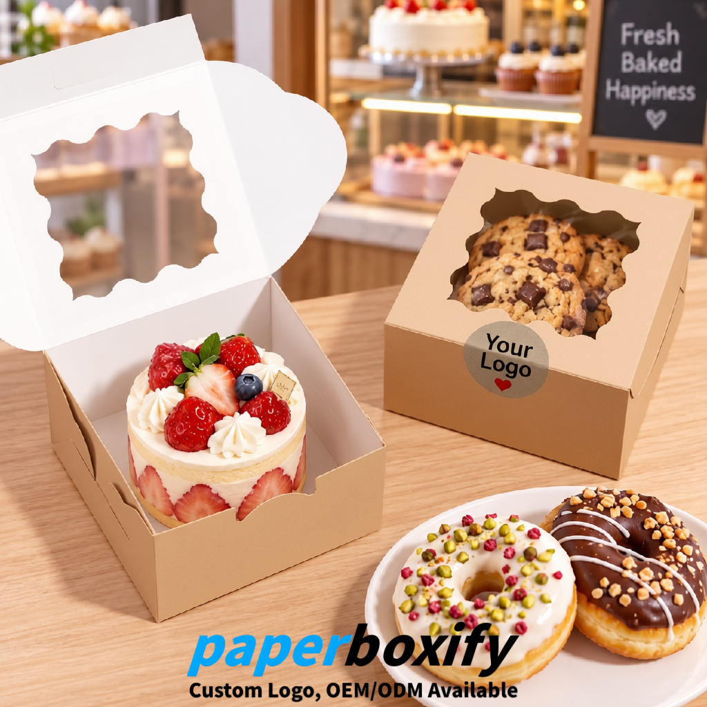 Beige Paper Cookie Boxes with Window and Stickers 4x4x2.5 inch
