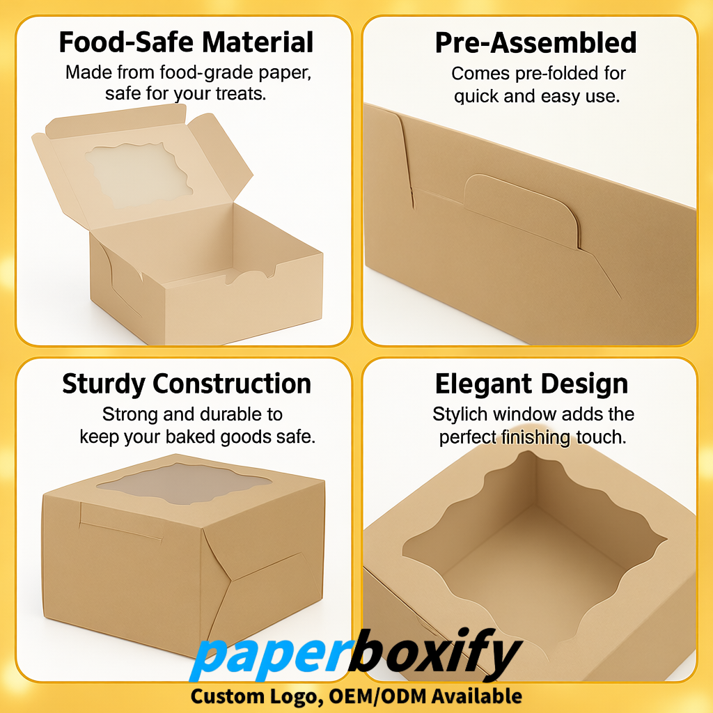 Beige Paper Cookie Boxes with Window and Stickers 4x4x2.5 inch