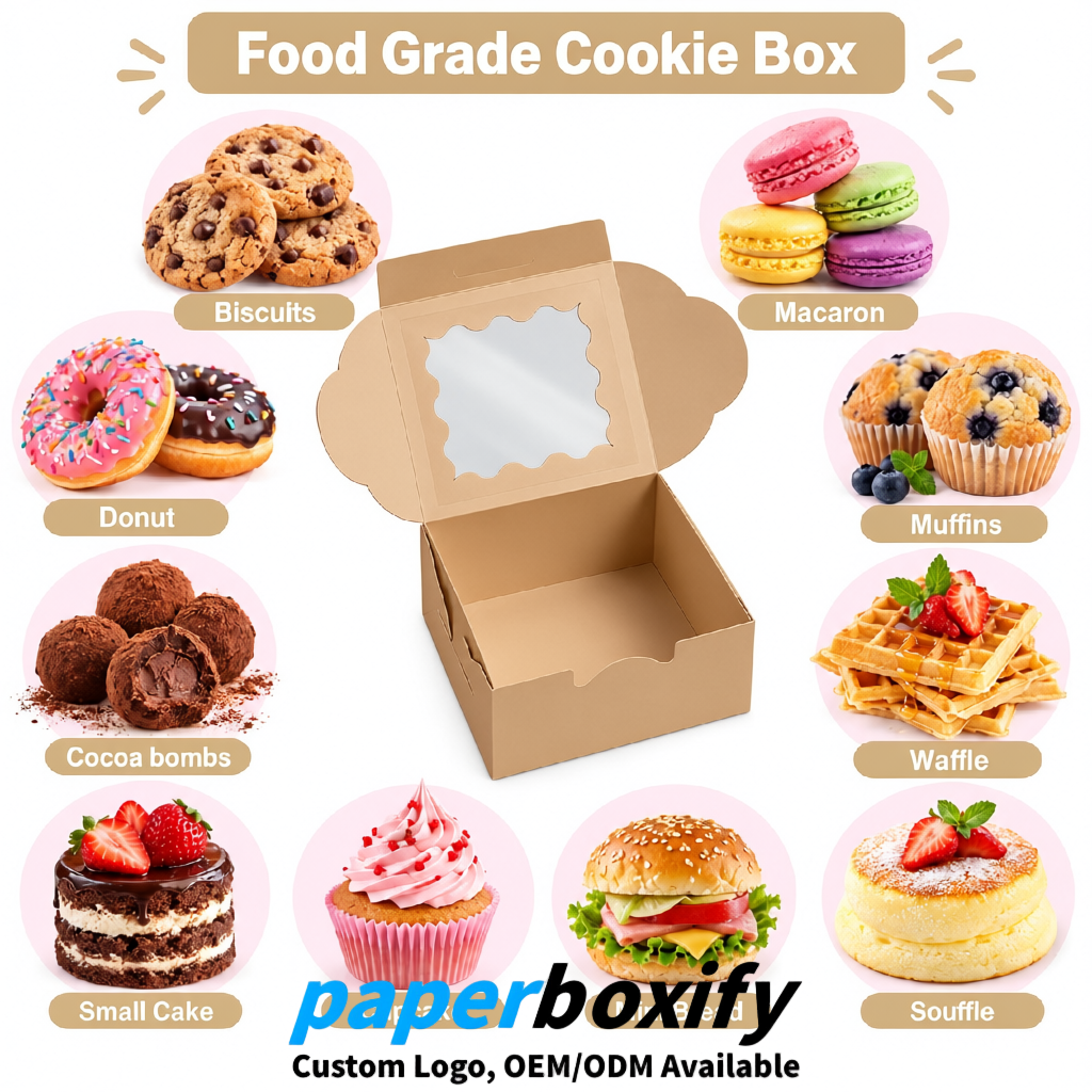 Beige Paper Cookie Boxes with Window and Stickers 4x4x2.5 inch