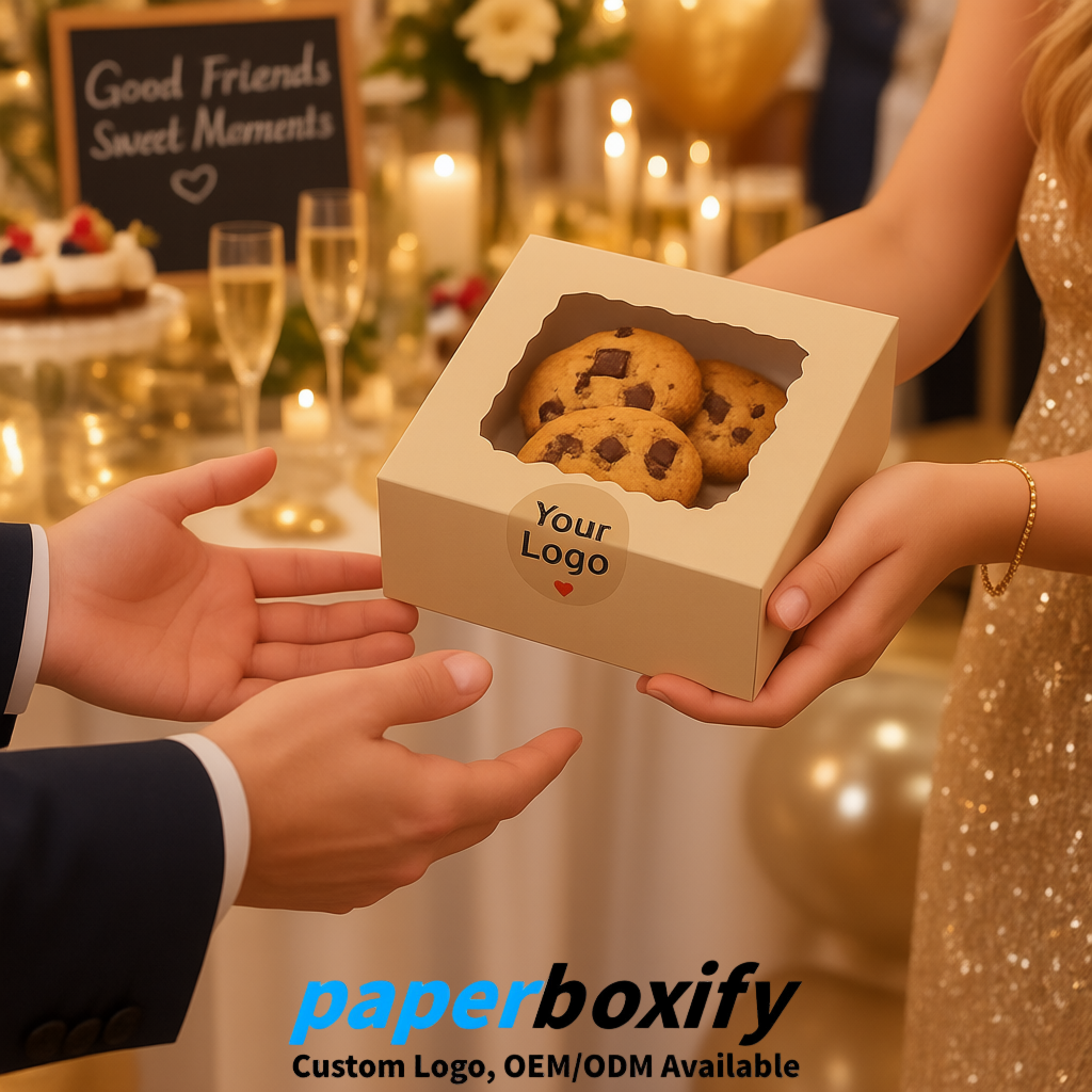 Beige Paper Cookie Boxes with Window and Stickers 4x4x2.5 inch