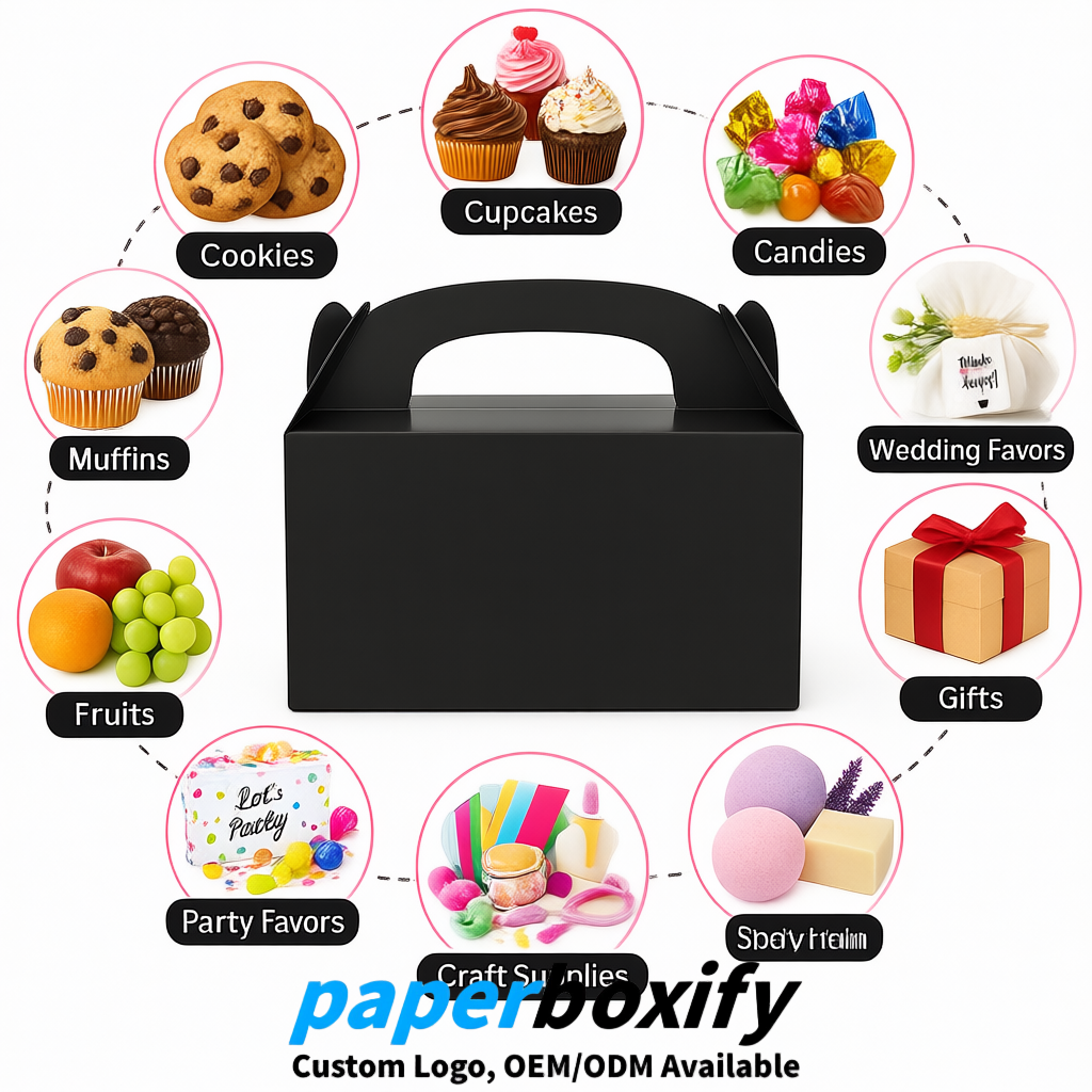 Black Gable Boxes with Handles 6.22x3.35x3.62 inch Kraft Paper Party Favors Boxes in Bulk