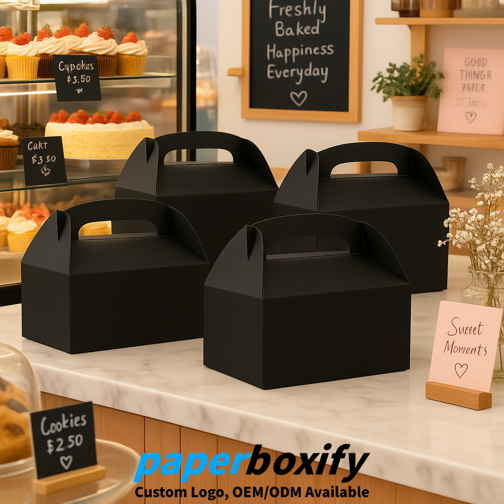 Black Gable Boxes with Handles 6.22x3.35x3.62 inch Kraft Paper Party Favors Boxes in Bulk