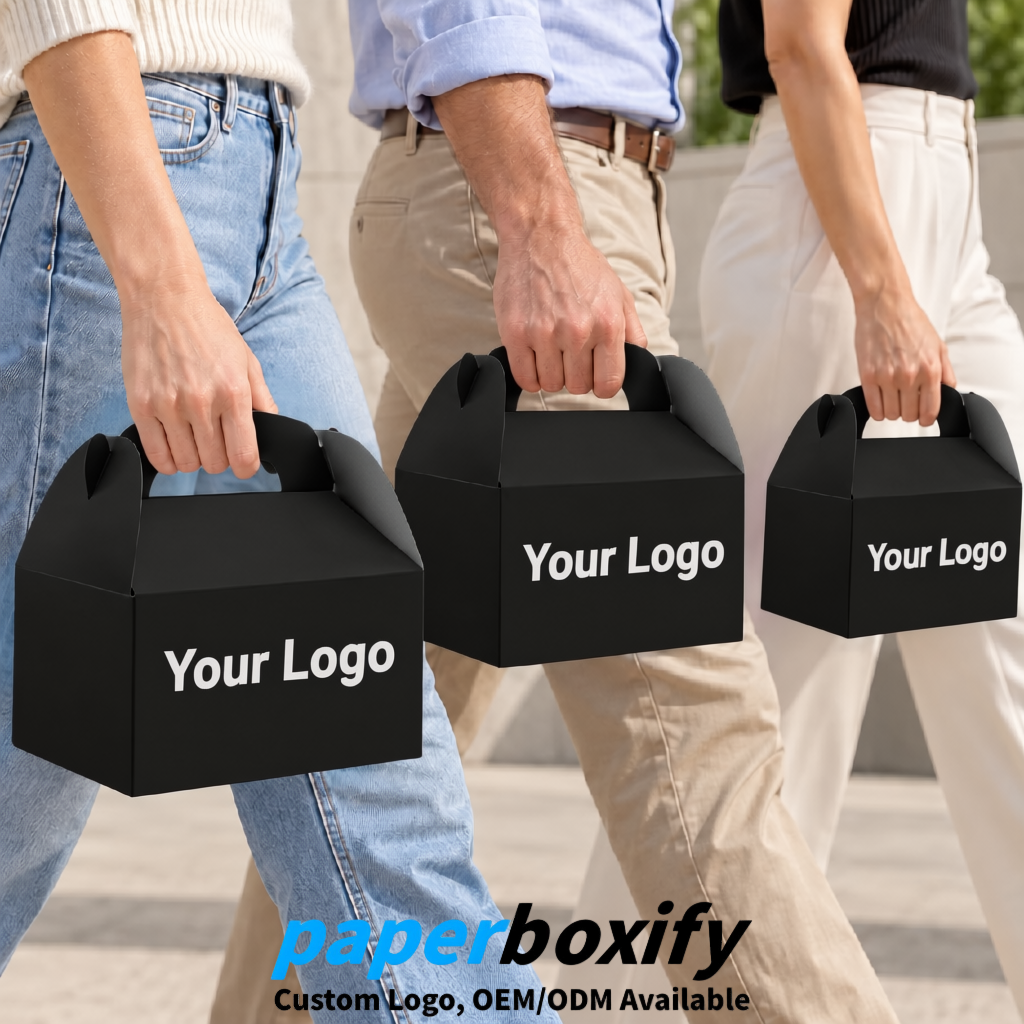 Black Gable Boxes with Handles 6.22x3.35x3.62 inch Kraft Paper Party Favors Boxes in Bulk