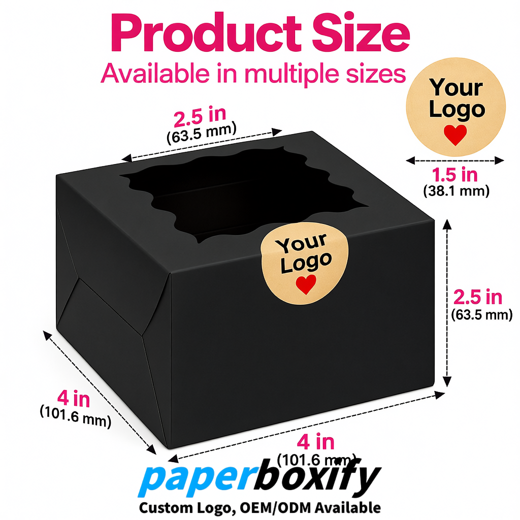 Black Paper Cookie Boxes with Window and Stickers 4x4x2.5 inch