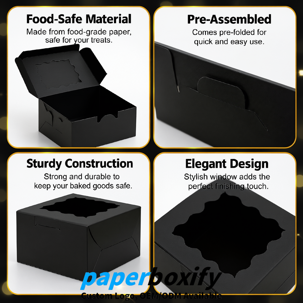 Black Paper Cookie Boxes with Window and Stickers 4x4x2.5 inch