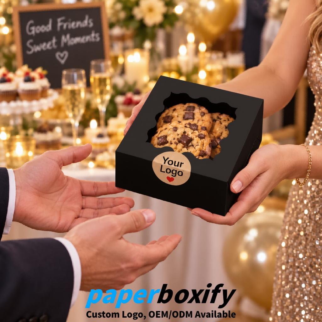 Black Paper Cookie Boxes with Window and Stickers 4x4x2.5 inch