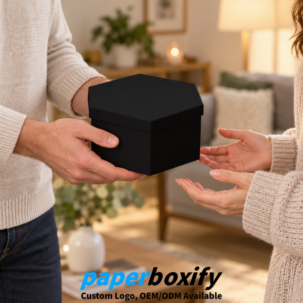 Black Paper Hexagon Box with Lid - Biodegrade Paper Mache Gift Boxes Manufacturer