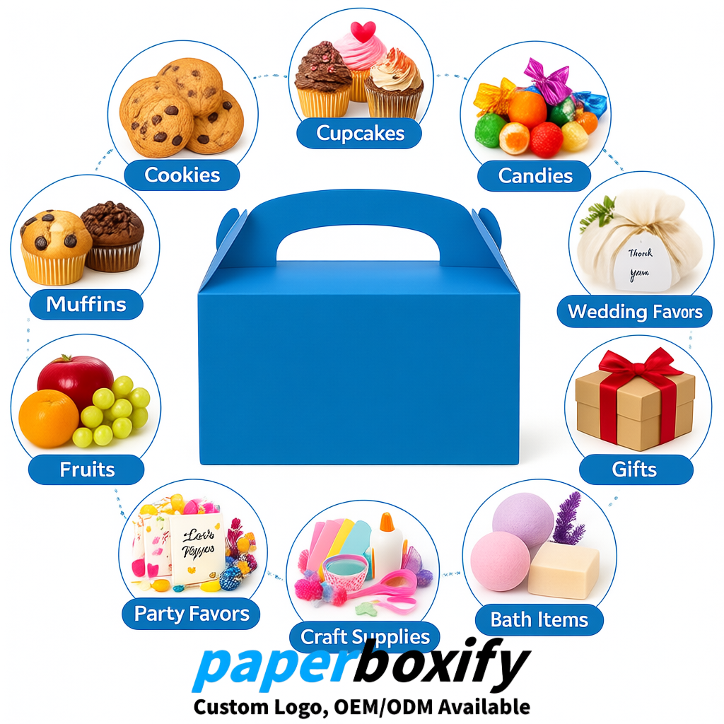 Blue Gable Boxes with Handles 6.22x3.35x3.62 inch Kraft Paper Party Favors Boxes in Bulk