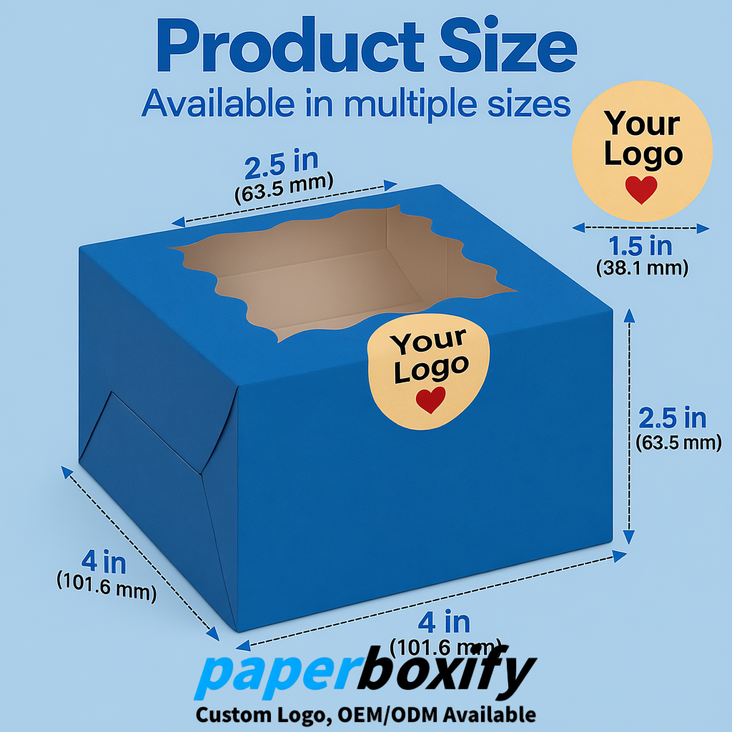 Blue Paper Cookie Boxes with Window and Stickers 4x4x2.5 inch