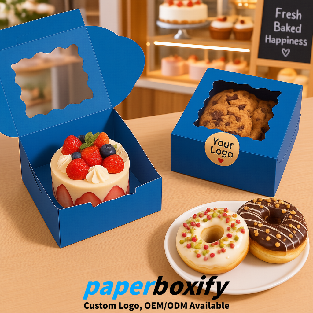 Blue Paper Cookie Boxes with Window and Stickers 4x4x2.5 inch