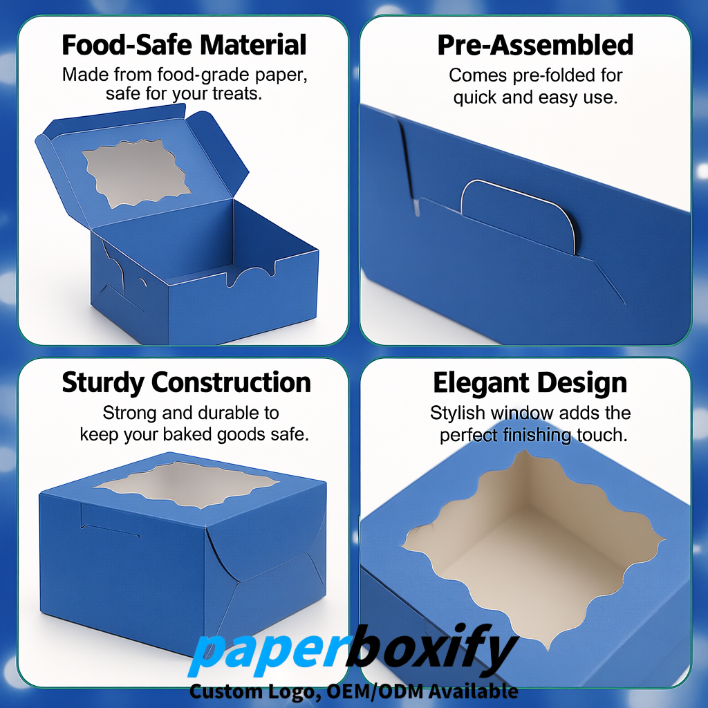 Blue Paper Cookie Boxes with Window and Stickers 4x4x2.5 inch