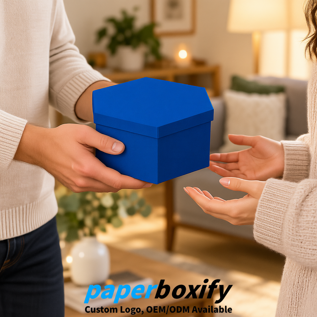 Blue Paper Hexagon Box with Lid - Biodegrade Paper Mache Gift Boxes Manufacturer