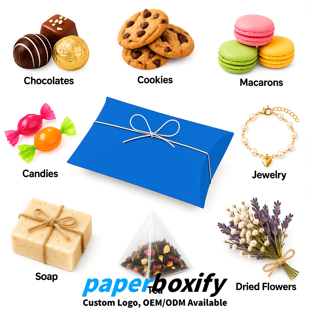 Bulk Blue Kraft Pillow Gift Boxes with Ties 4.7x3x1 inch for Candy & Favors
