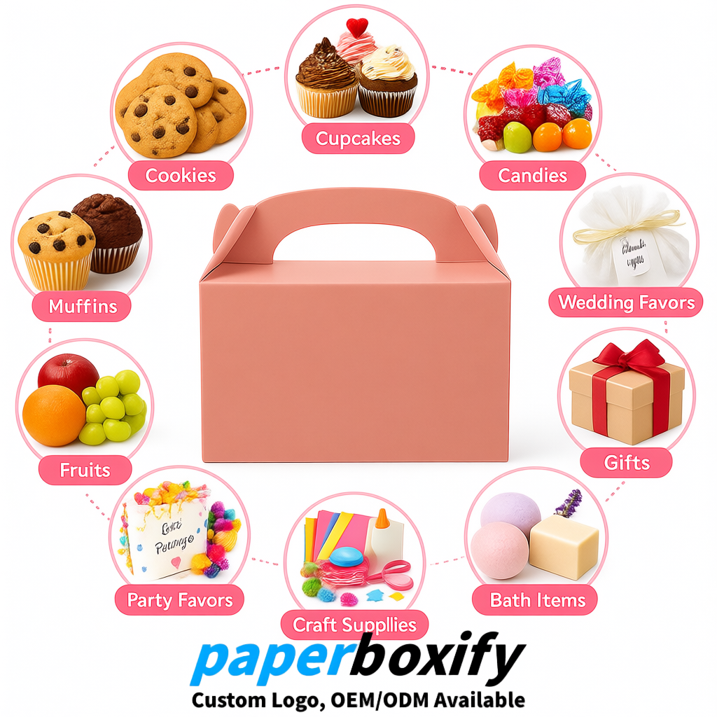Blush Gable Boxes with Handles 6.22x3.35x3.62 inch Kraft Paper Party Favors Boxes in Bulk