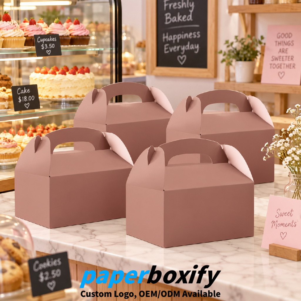 Blush Gable Boxes with Handles 6.22x3.35x3.62 inch Kraft Paper Party Favors Boxes in Bulk