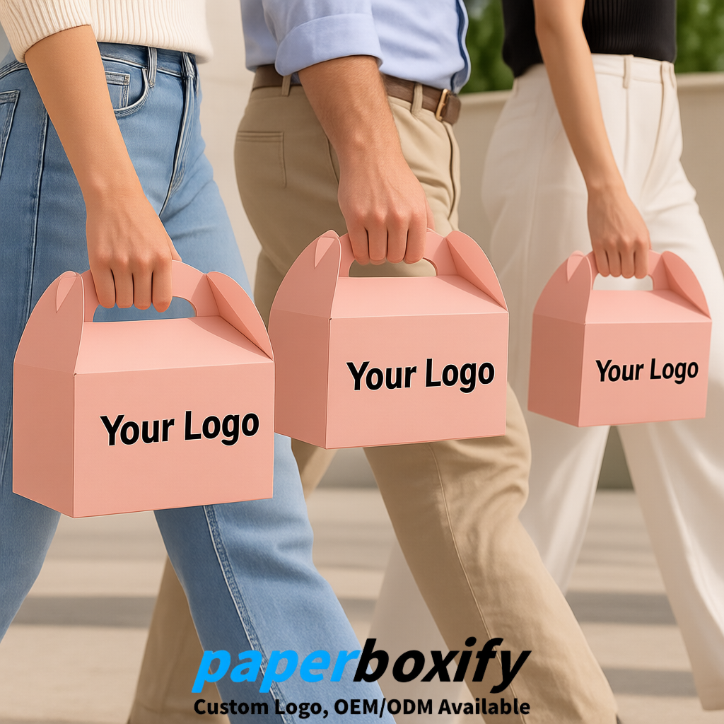 Blush Gable Boxes with Handles 6.22x3.35x3.62 inch Kraft Paper Party Favors Boxes in Bulk