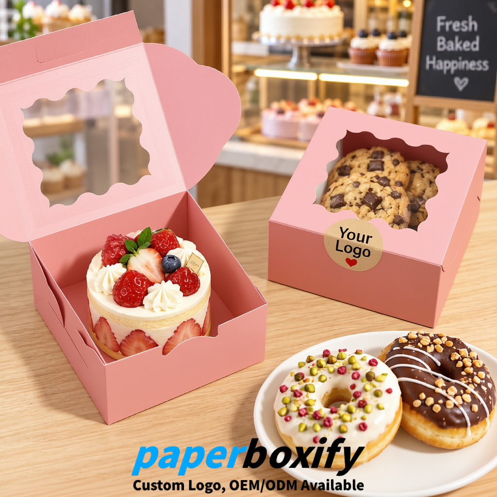 Blush Paper Cookie Boxes with Window and Stickers 4x4x2.5 inch