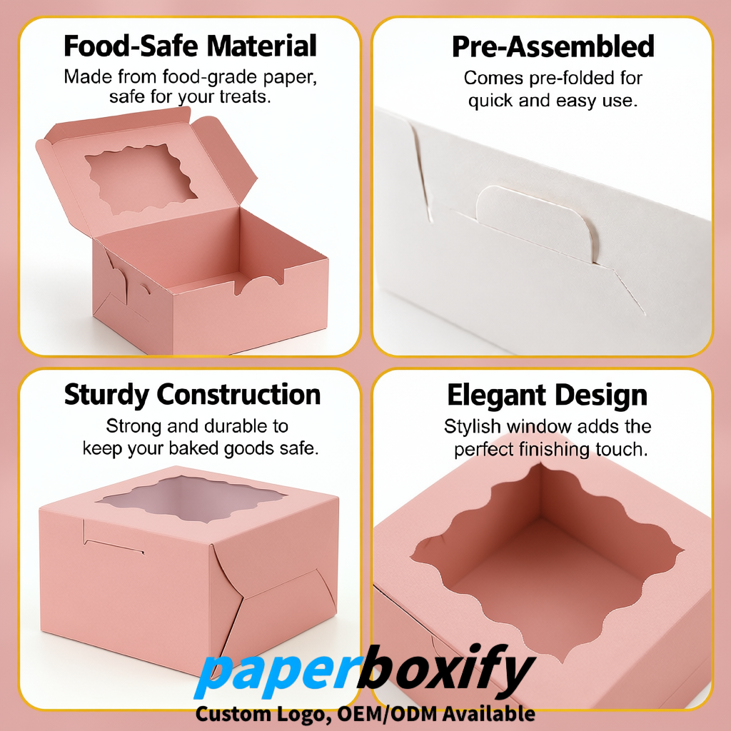 Blush Paper Cookie Boxes with Window and Stickers 4x4x2.5 inch