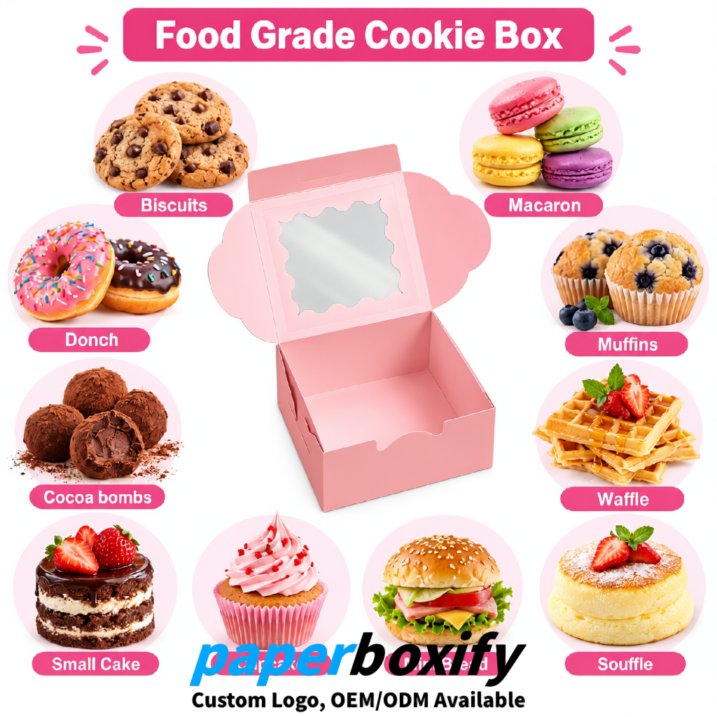 Blush Paper Cookie Boxes with Window and Stickers 4x4x2.5 inch