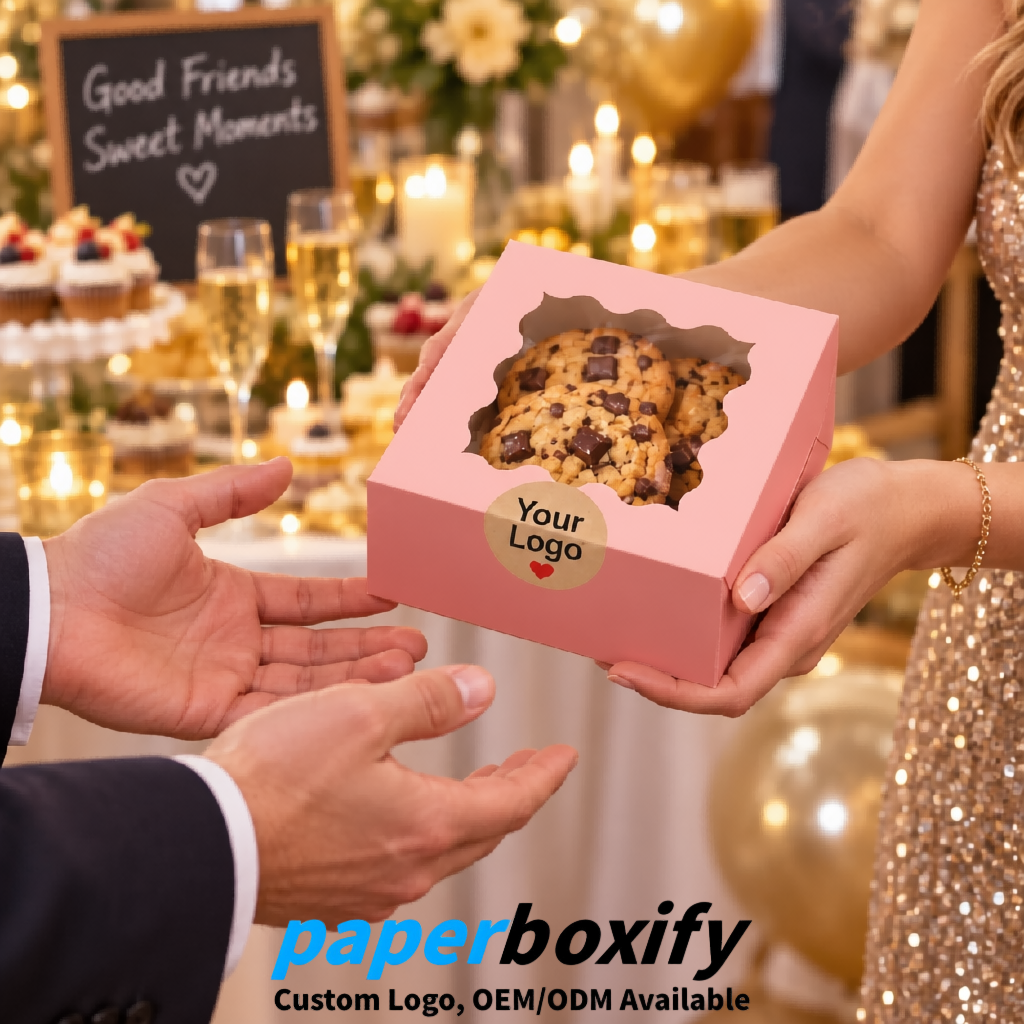 Blush Paper Cookie Boxes with Window and Stickers 4x4x2.5 inch