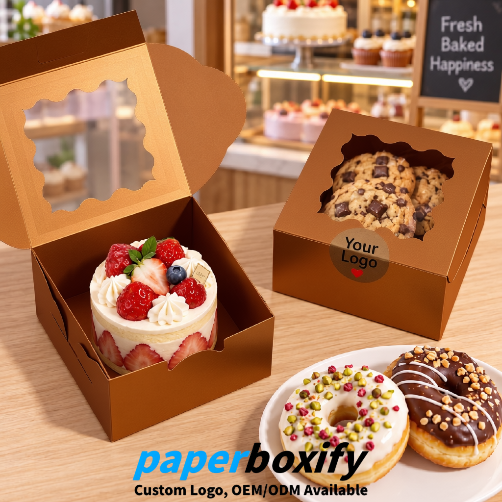 Bronze Paper Cookie Boxes with Window and Stickers 4x4x2.5 inch