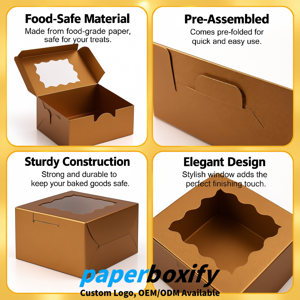 Bronze Paper Cookie Boxes with Window and Stickers 4x4x2.5 inch