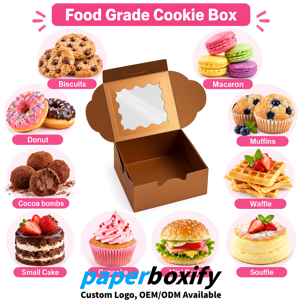Bronze Paper Cookie Boxes with Window and Stickers 4x4x2.5 inch