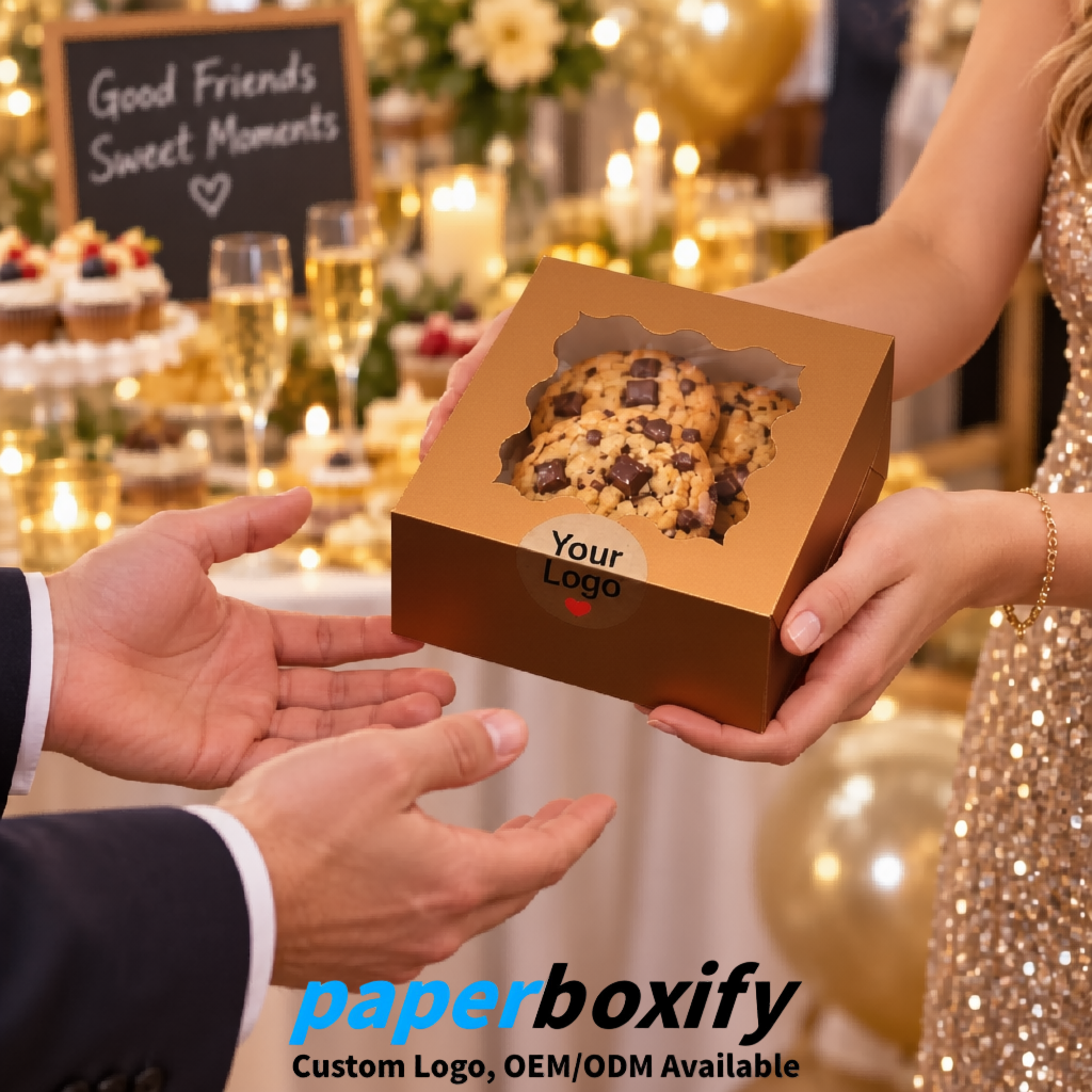 Bronze Paper Cookie Boxes with Window and Stickers 4x4x2.5 inch Bronze Paper Cookie Boxes with Window and Stickers 4x4x2.5 inch