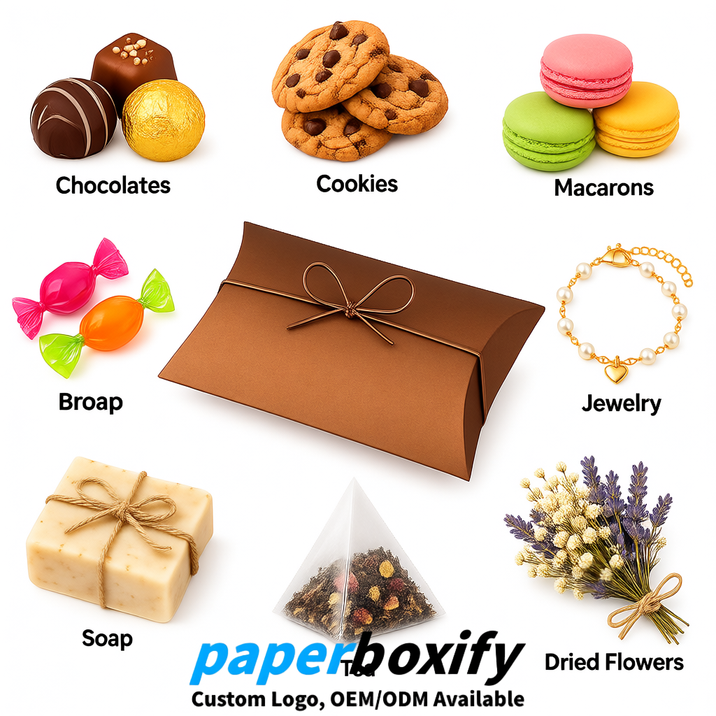 Bulk Bronze Kraft Pillow Gift Boxes with Ties 4.7x3x1 inch for Candy & Favors