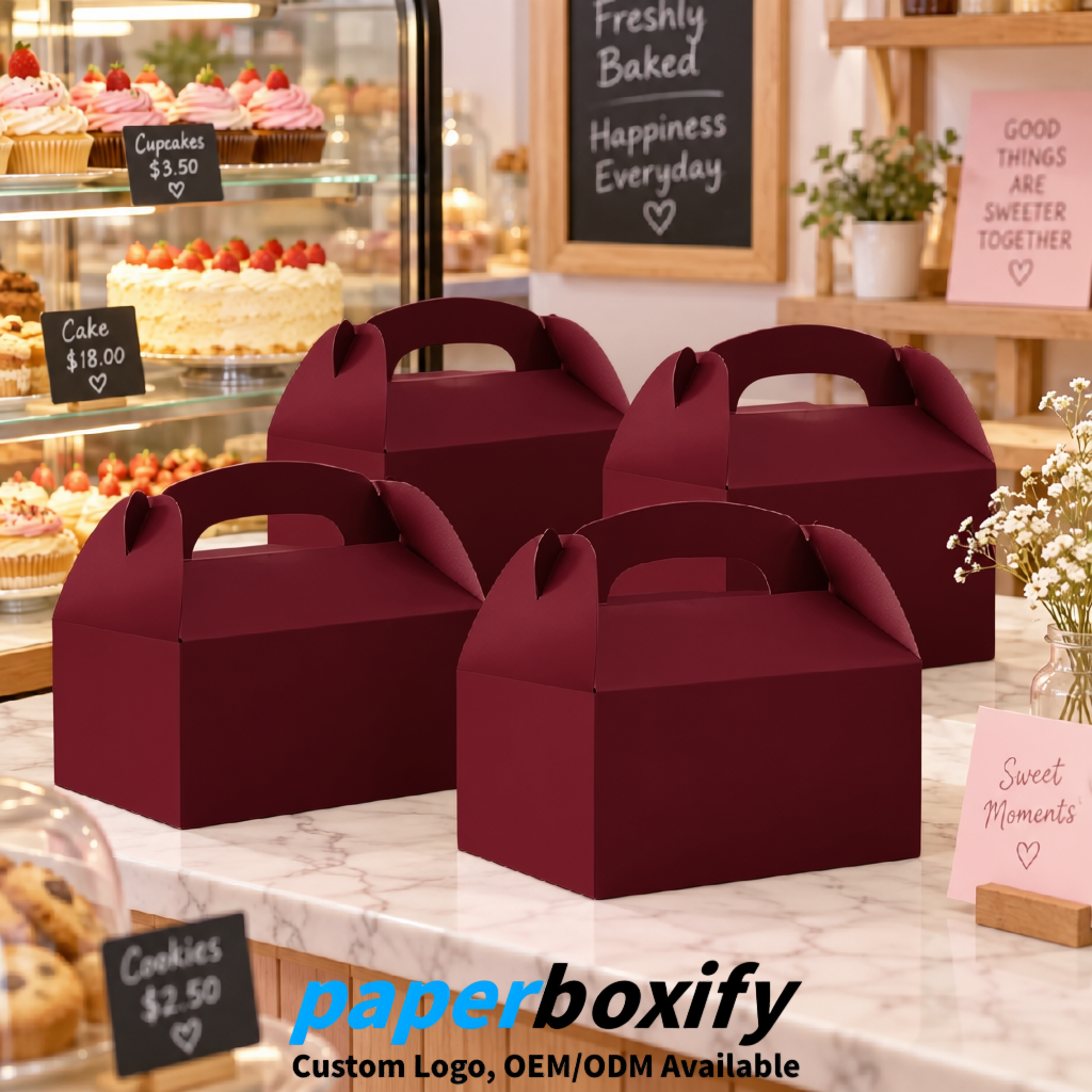 Burgundy Gable Boxes with Handles 6.22x3.35x3.62 inch Kraft Paper Party Favors Boxes in Bulk